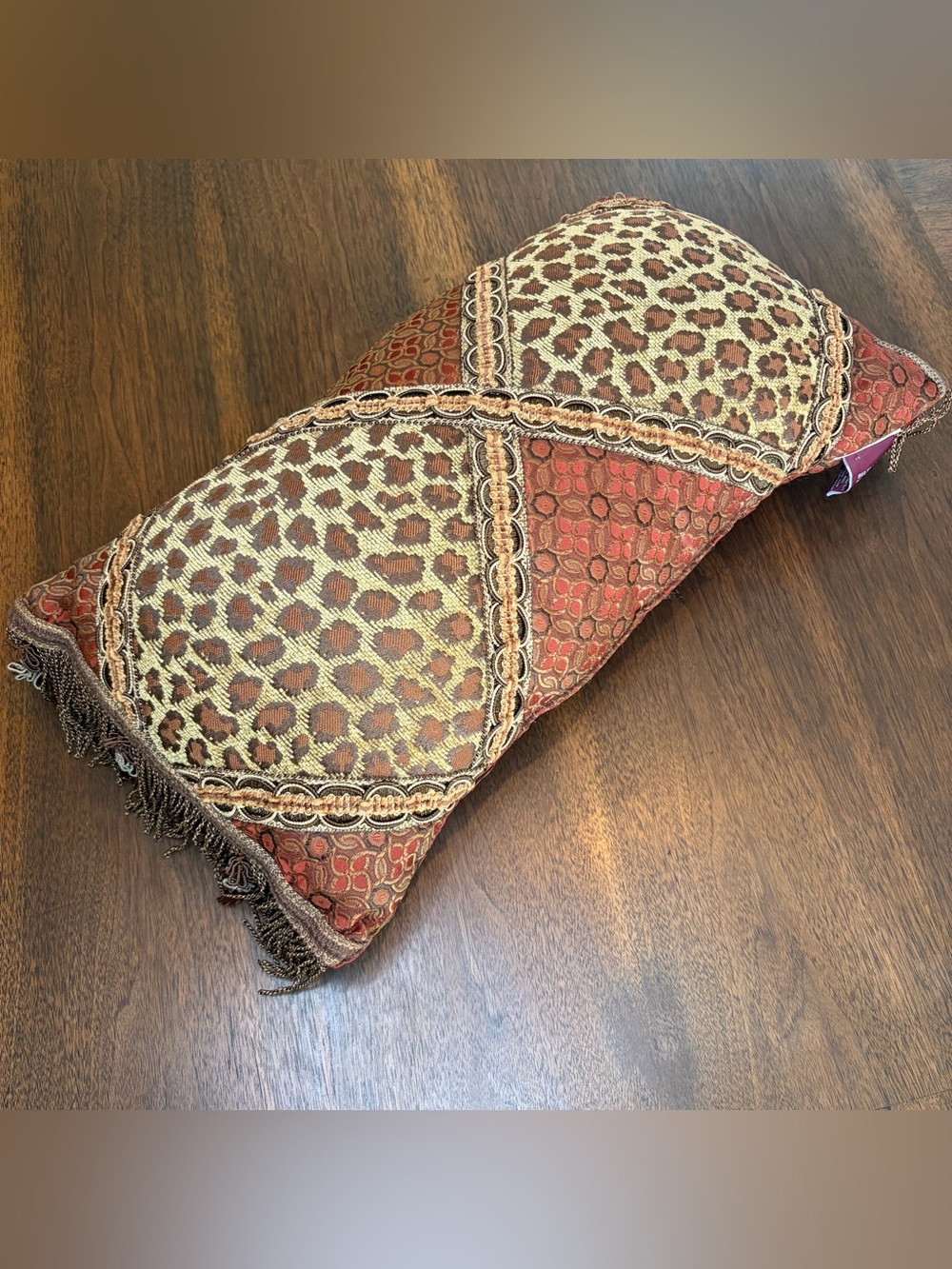 Rare Vtg Biltmore Leopard Animal Safari Woven Tapestry Fringed Lumbar Pillow